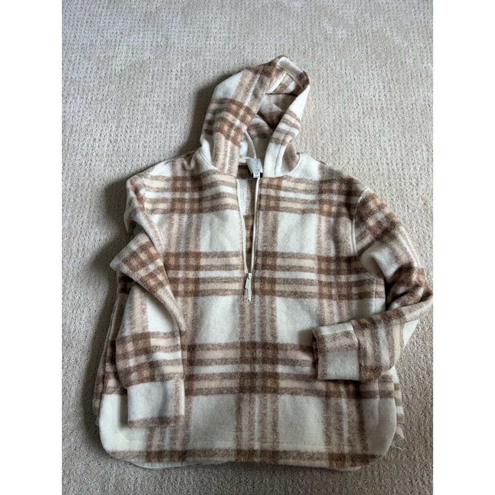 Joie Women Plaid Quarter Zip Shacket Hoodie Creamโ Brown Pullover Small S/P